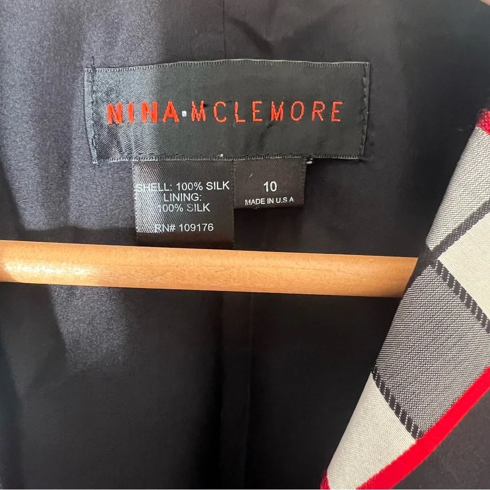 Nina Mclemore Red Black White Checked Silk Blazer Size 10 - Picture 7 of 15